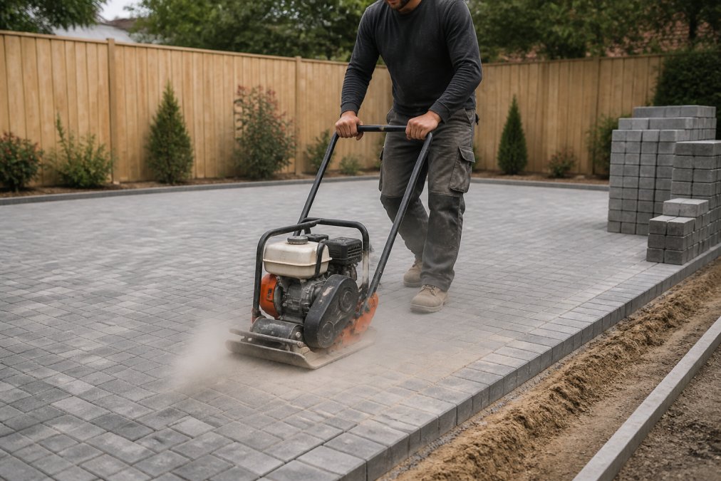 Professional using vibrating plate compactor to properly compact sand and base layer between newly laid block pavers on a residential driveway, with dust visible and proper technique demonstrated