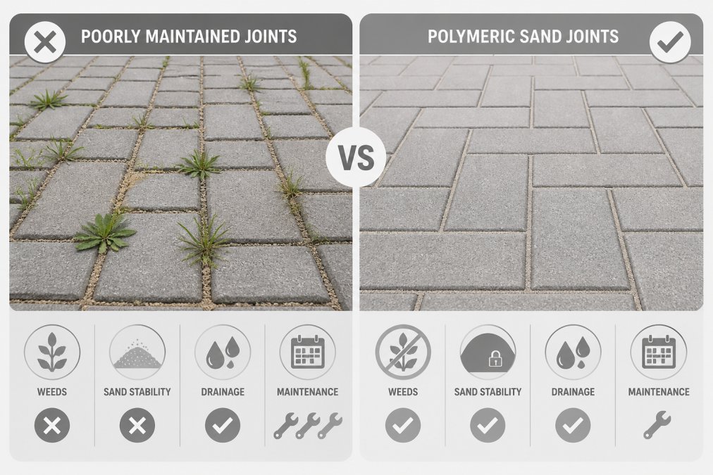 Side-by-side comparison of two block paved driveways: one with overgrown weeds sprouting from poorly maintained joints with loose sand visible, the other showing clean, weed-free joints with firm polymeric sand binding