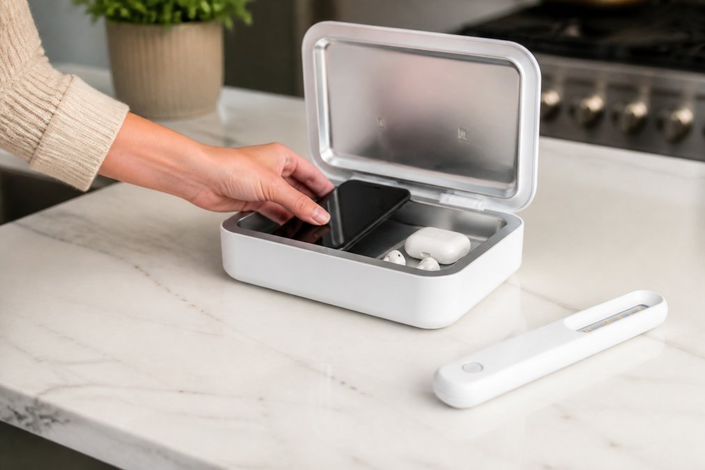 A person placing a smartphone and wireless earbuds inside an open UV-C sanitizing box on a clean kitchen counter, with a second UV wand gadget resting beside it