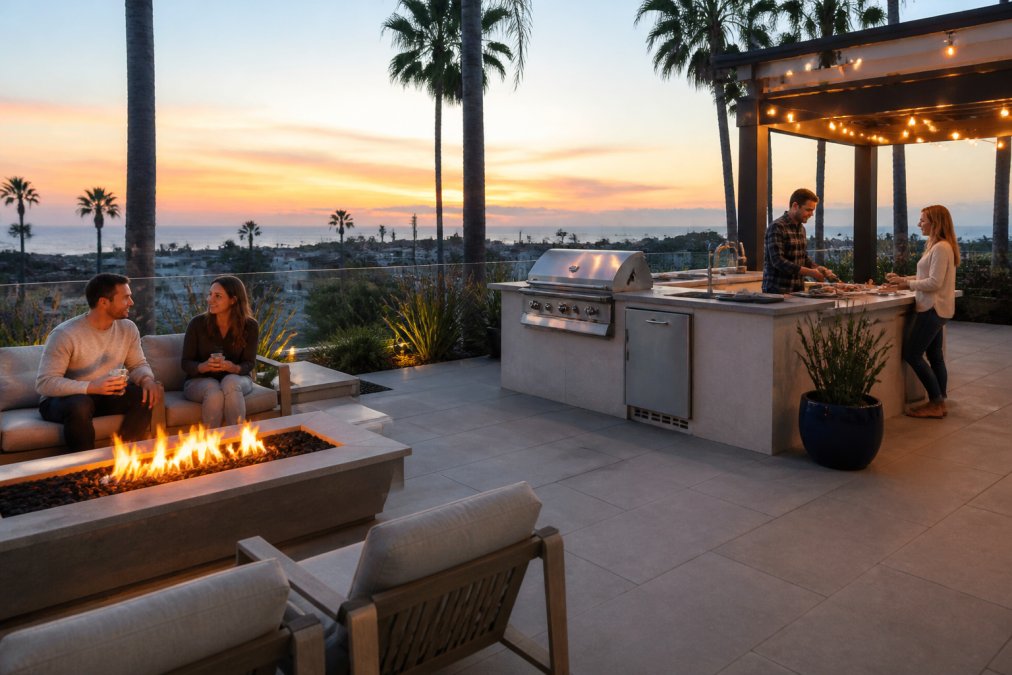 A modern backyard patio in coastal Southern California with large-format porcelain pavers, an outdoor kitchen island nearby, and a fire feature glowing at dusk