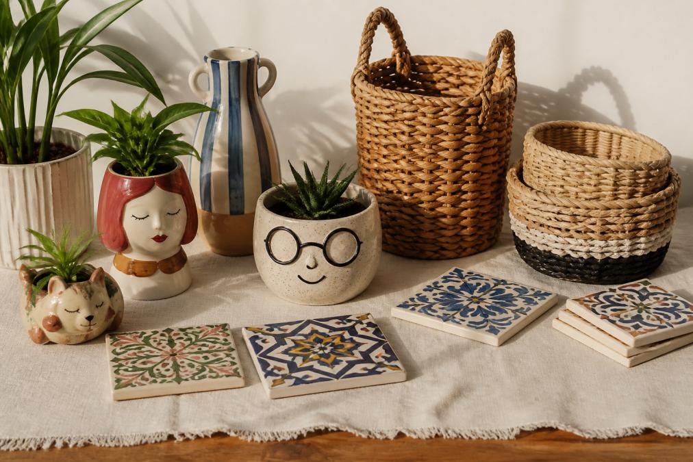 Styled flat lay of quirky homeware items including small ceramic planters, hand-painted vases, decorative tiles, and woven baskets arranged on a neutral linen background with natural morning light