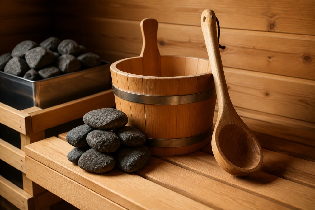 A cedar sauna bucket with a long-handled wooden ladle resting beside a stack of smooth volcanic sauna stones on a wooden bench inside a warm home sauna, soft amber light