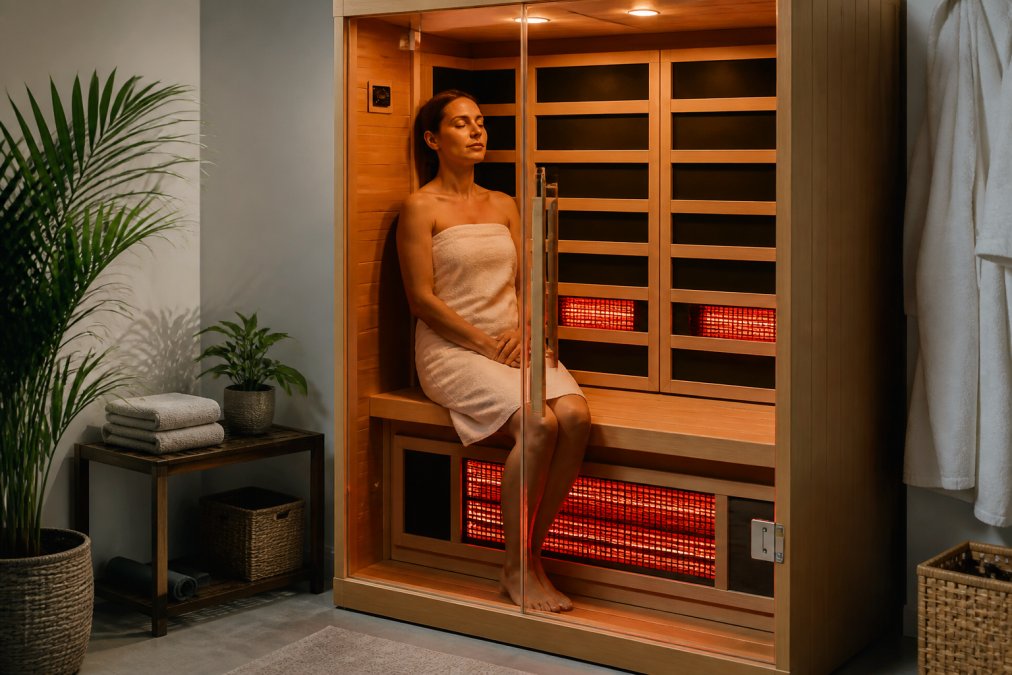 A person relaxing inside a modern full-spectrum infrared home sauna with warm ambient lighting, eyes closed, appearing calm and refreshed