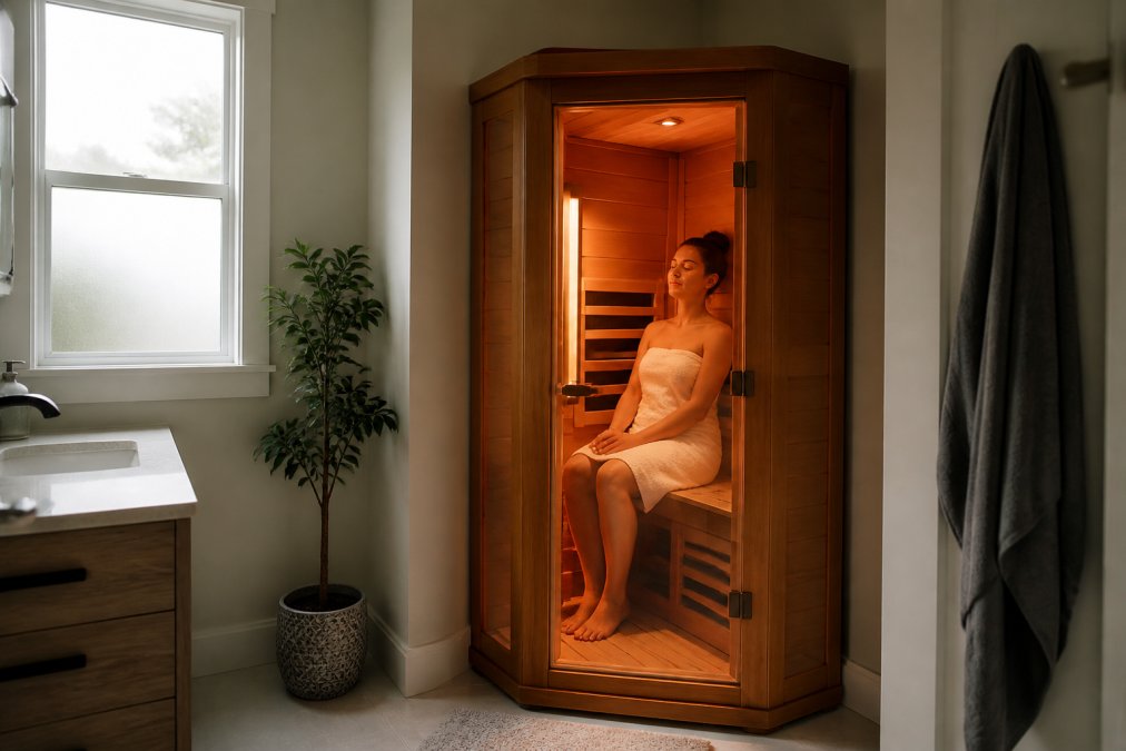 A compact one-person cedar sauna installed in the corner of a small home bathroom, a person sitting comfortably on the ergonomic bench inside, warm ambient lighting glowing through the tempered glass door