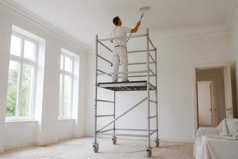A professional decorator in white work trousers standing on a stable aluminium scaffold tower platform, reaching up with a roller on an extension pole to paint a high white ceiling in a bright, empty room with natural light from tall windows