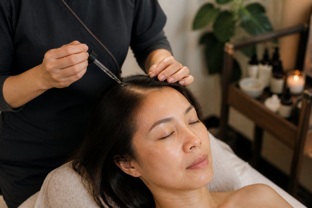 A woman receiving a professional scalp treatment in a calm spa room, with soft lighting and a trichologist's hands applying a serum to her parted hair