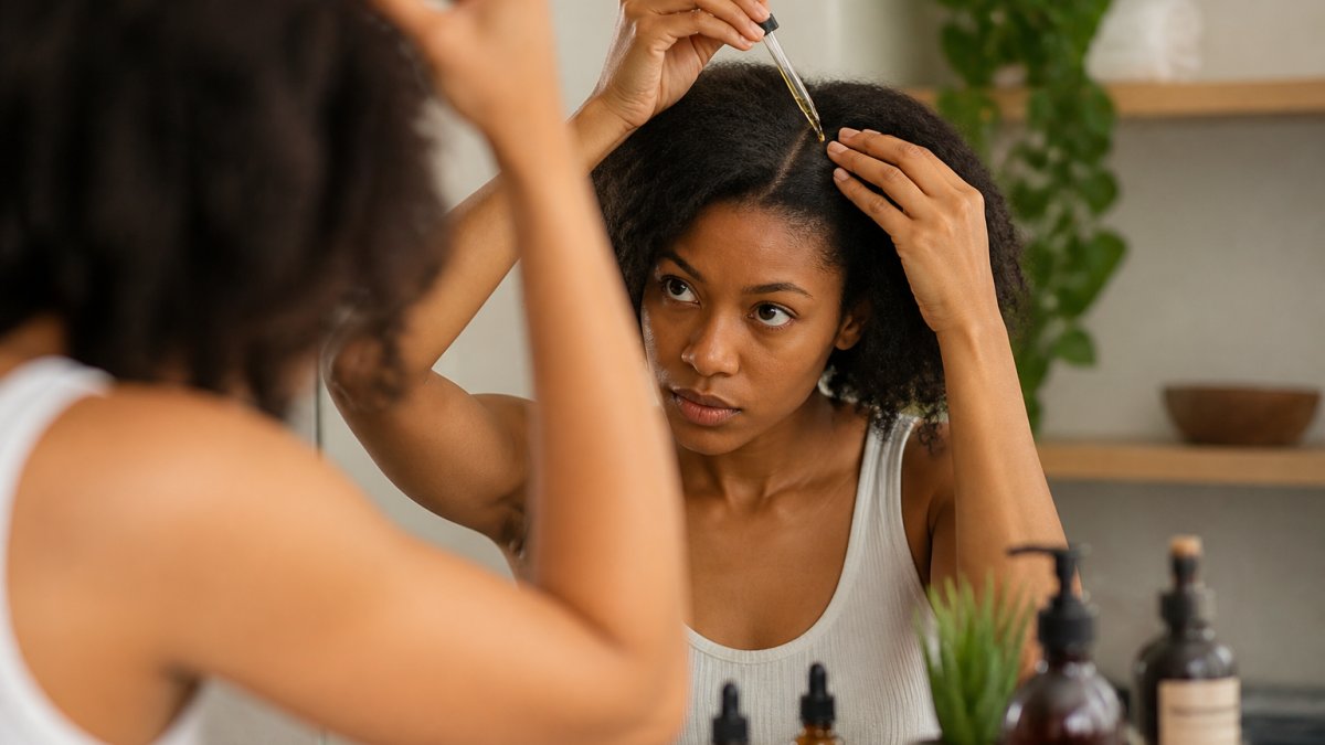 Hands parting hair to apply nourishing oil to the scalp using a glass dropper in a sunlit bathroom