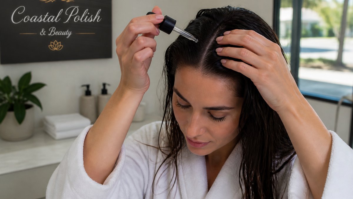 Person applying scalp serum with dropper applicator to clean, damp hair at home, showing proper application technique with focus on scalp area and roots