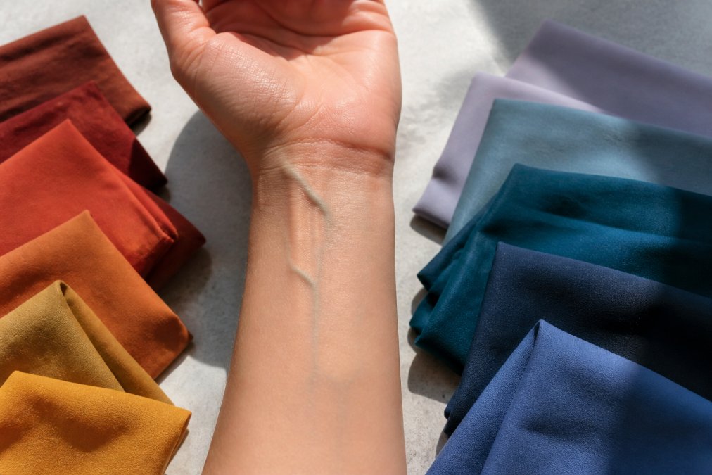 Diagram showing how to check wrist veins against fabric swatches to find your best scarf colours