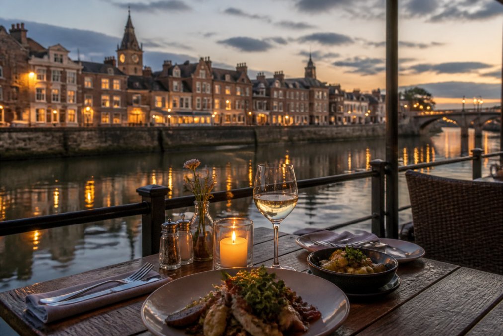 Candlelit table on a riverside terrace overlooking the River Ouse at dusk, with historic stone buildings reflected in the water and warm evening light
