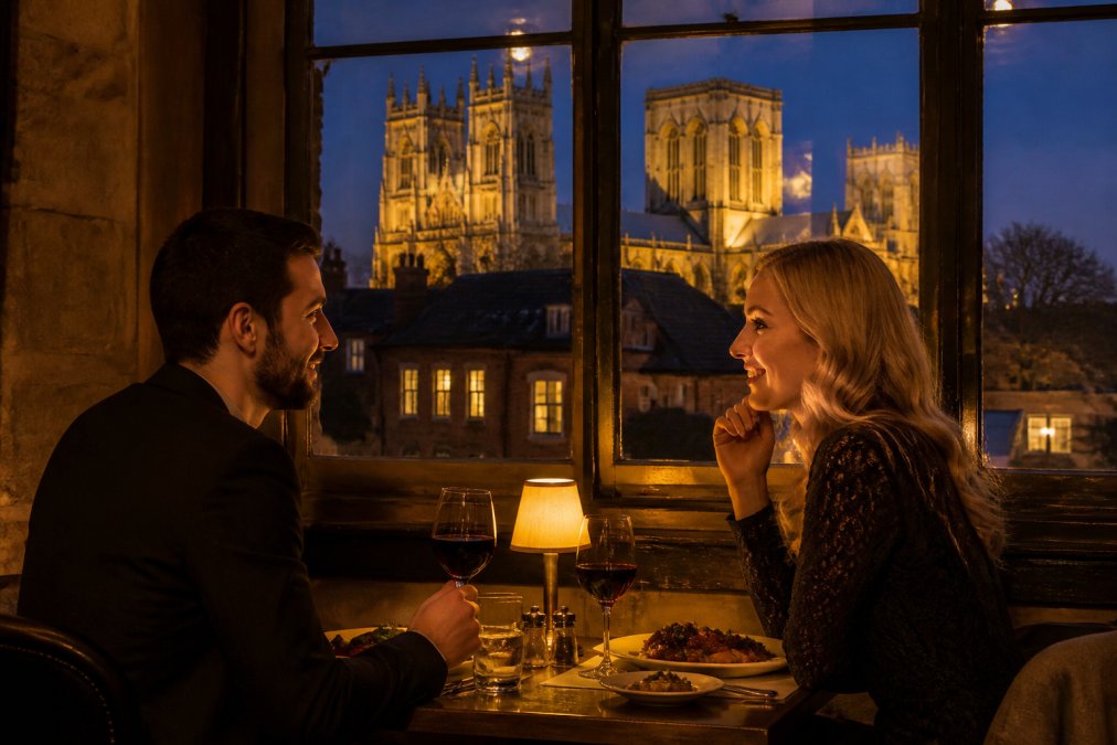 Couple dining at an intimate table in an atmospheric restaurant with soft lighting, wine glasses, and a view of York Minster in the background through a window