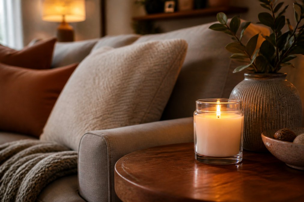 Cozy living room with a lit scented candle glowing on a wooden side table, warm ambient lighting casting soft shadows on comfortable furniture with neutral upholstery and natural textures