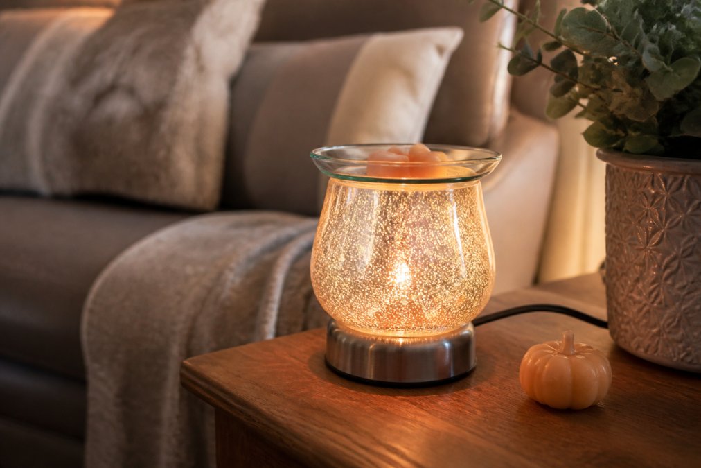 A close-up of a lit electric glass fragrance warmer on a wooden side table, with a soft glow and a wax melt shaped like a pumpkin beside it, in a cosy living room setting