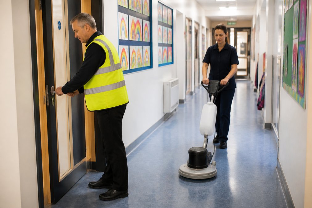 A school caretaker in a high-vis vest unlocking a corridor door while a cleaning operative moves a floor buffer along a bright primary school hallway, children's artwork on the walls