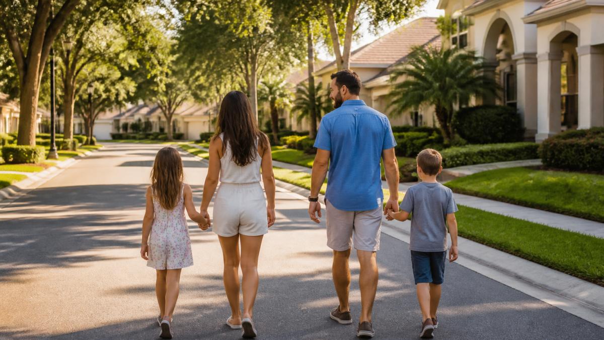 Family of four walking together on a tree-lined residential street with well-maintained homes and green lawns in a suburban neighborhood