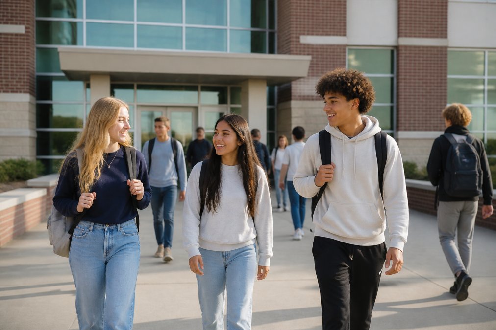Students walking through the entrance of a modern suburban public high school on a sunny day, backpacks on, engaged in conversation