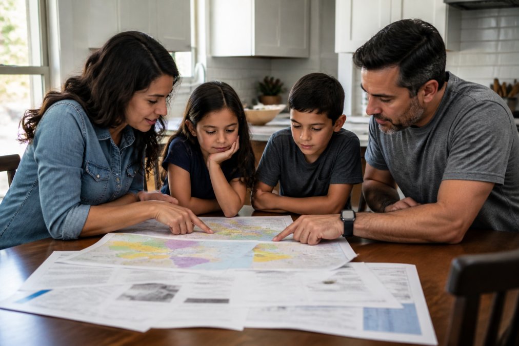 A family with two children sitting at a kitchen table reviewing printed school district maps and documents together, looking engaged and focused