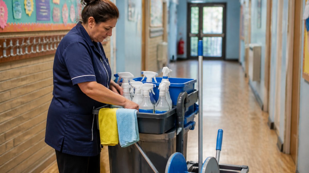 Professional cleaner in uniform preparing cleaning supplies and equipment in a school corridor, ready to start work
