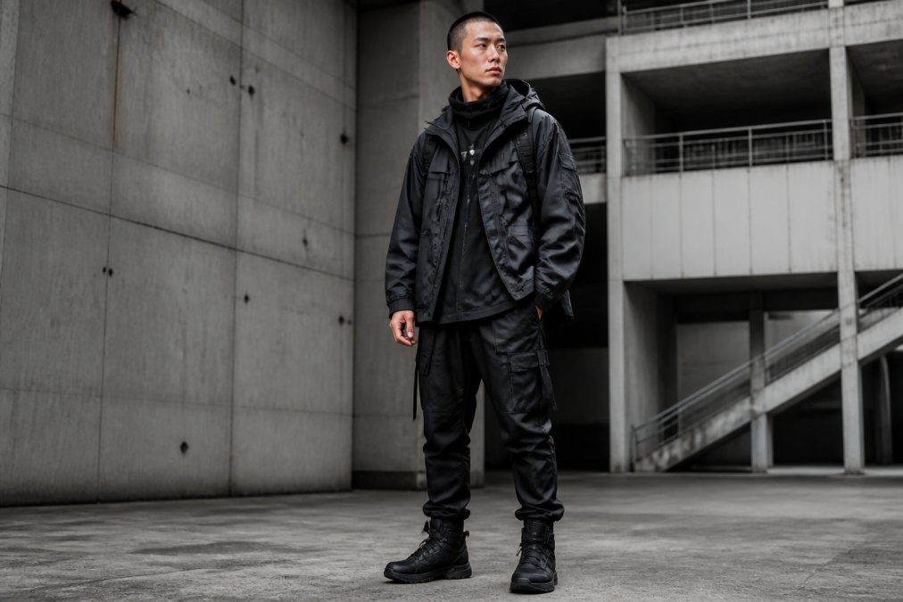 Person wearing layered techwear outfit with functional cargo details, straps, and monochromatic color blocking, standing in an urban industrial setting with concrete walls