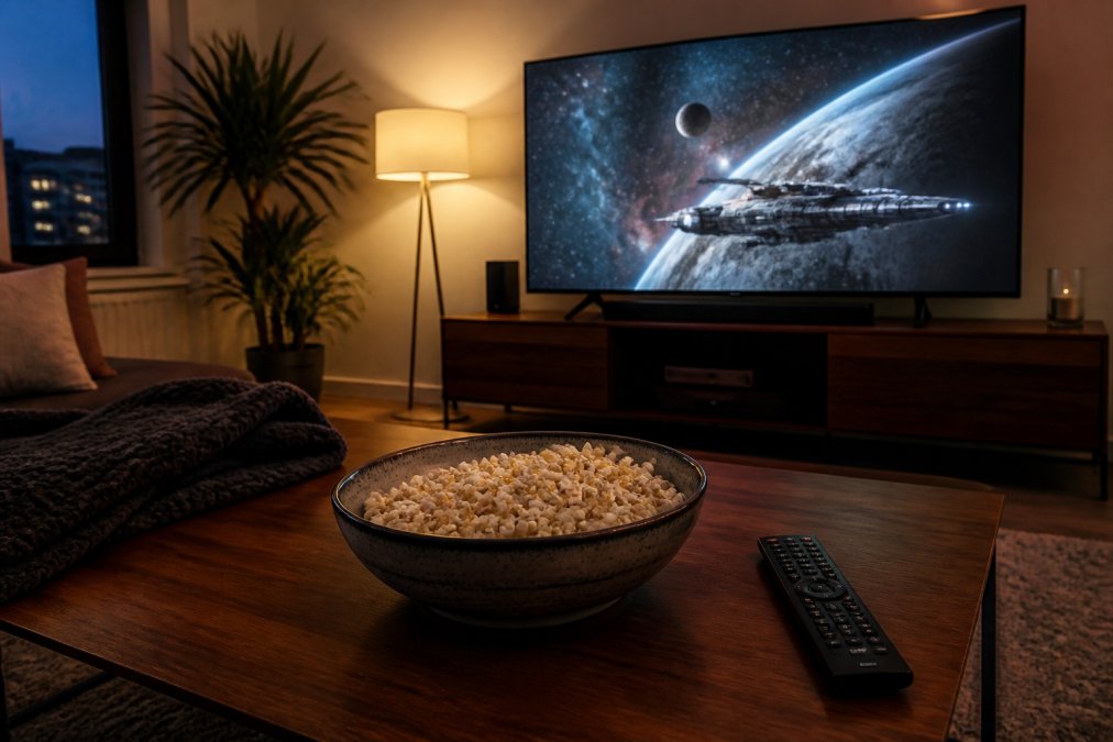 Living room scene at dusk with a large TV displaying a paused sci-fi space scene, remote and a bowl of popcorn on a coffee table, warm lamp light casting soft shadows