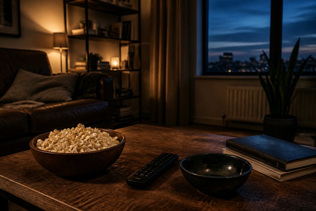 A cozy living room at dusk with a large television screen glowing, showing a distant space scene, with a streaming remote and snacks on a coffee table in the foreground