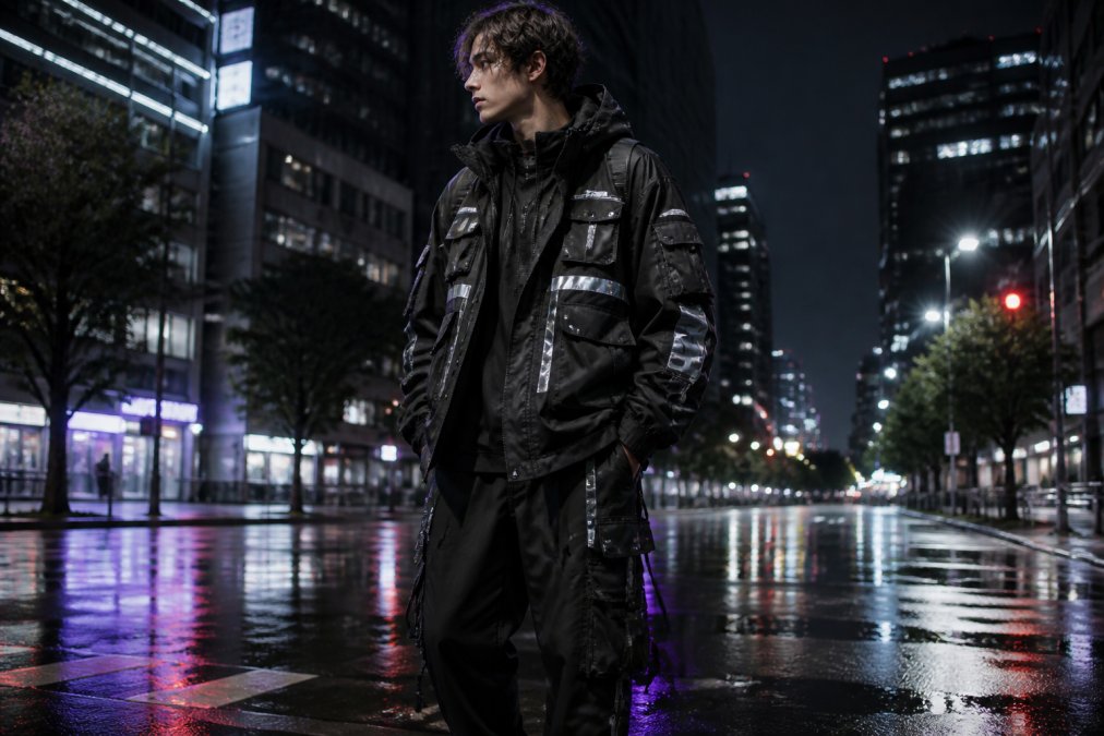 A fashion-forward individual wearing a dark, layered techwear outfit with reflective panels, multiple utility pockets, and neon accent lighting, photographed in an urban environment at night with rain-slicked pavement reflecting the glow