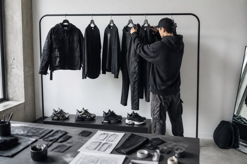 A person assembling a sci-fi streetwear capsule wardrobe on a minimalist black clothing rack, including a dark technical jacket with modular pockets, articulated cargo pants, and chunky chrome and black avant-garde sneakers, shot in clean studio lighting against a white wall