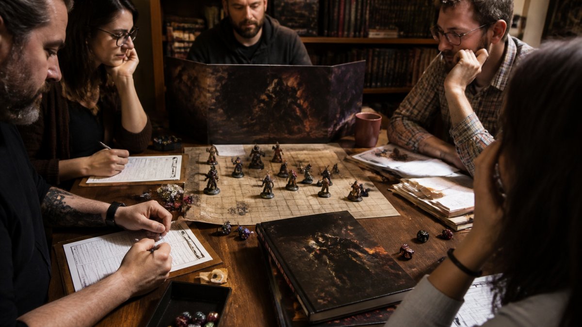 Group of players gathered around a table with character sheets, dice, multicolored miniatures, and rulebooks during an active tabletop RPG session under warm lighting