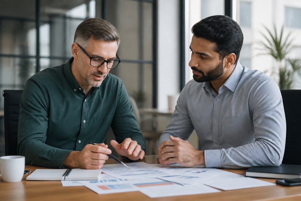 Business owner in a one-on-one coaching session with a consultant at a desk, reviewing business documents and strategy notes together, natural office lighting