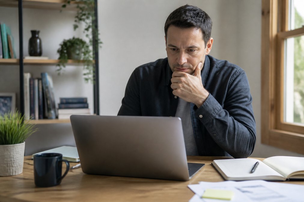Entrepreneur reviewing multiple business coaching options on a laptop, with notebook and coffee, in a home office setting