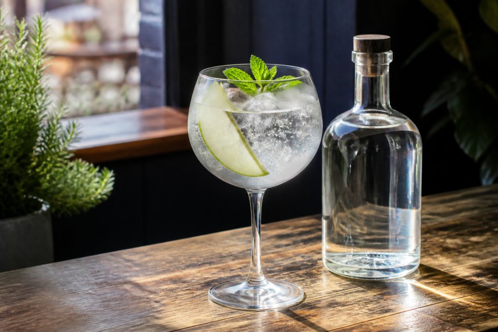 A gin and tonic in a balloon glass with a slice of green apple and a sprig of mint, sitting on a wooden table beside a bottle of Scottish gin, in soft natural light