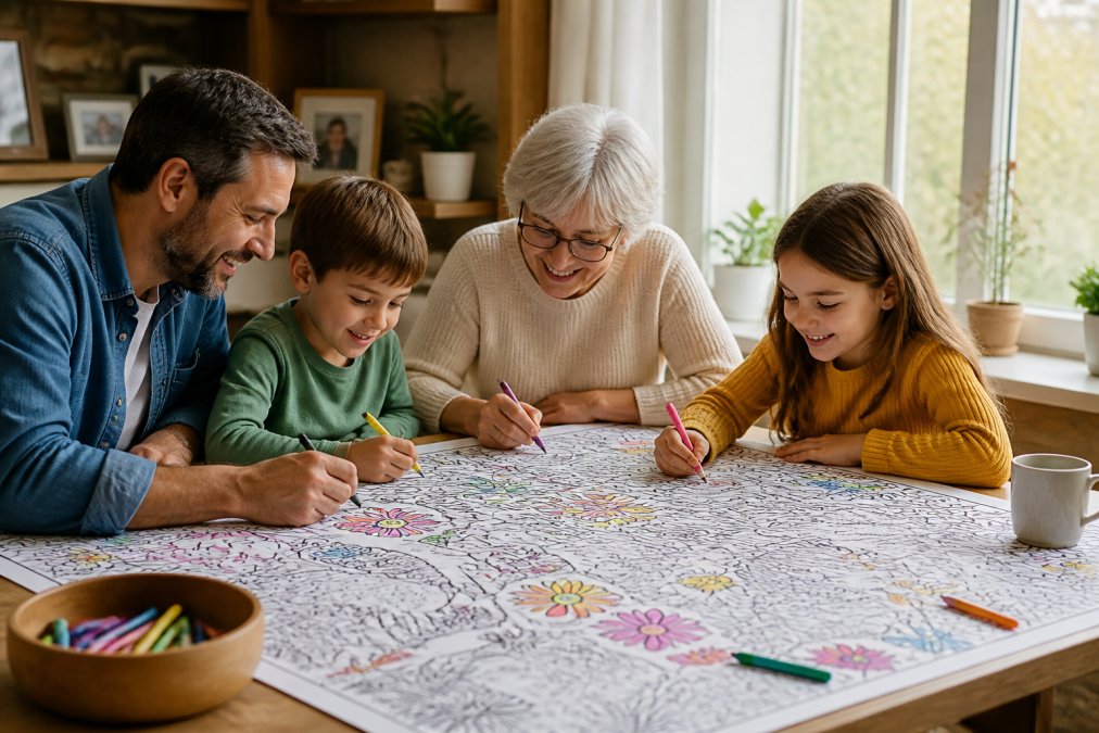 Family coloring together on a giant sheet during screen-free activities at a cozy wooden table