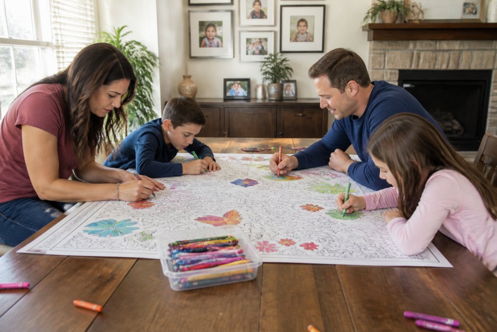 A family gathered around a large dining table coloring a giant 30 by 50 inch paper coloring sheet together with crayons and markers, warm afternoon light through a window, two children and two adults leaning over the sheet, cozy home setting