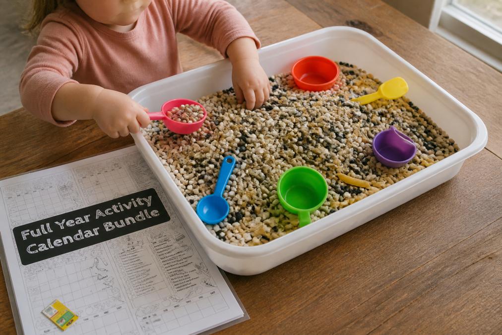 Toddler's hands exploring a sensory bin filled with dried beans, pasta, and colorful scoops on a wooden table in natural window light