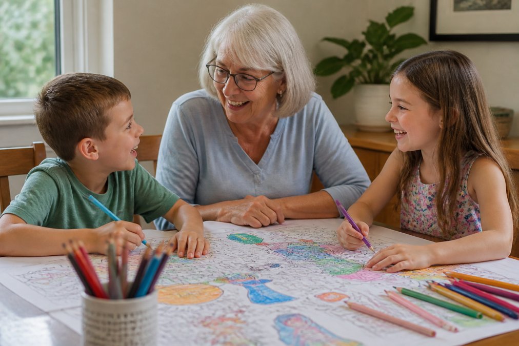 A grandmother and two grandchildren of different ages sitting together at a dining table, working on a large colorful coloring sheet with markers and colored pencils, all smiling and engaged in conversation