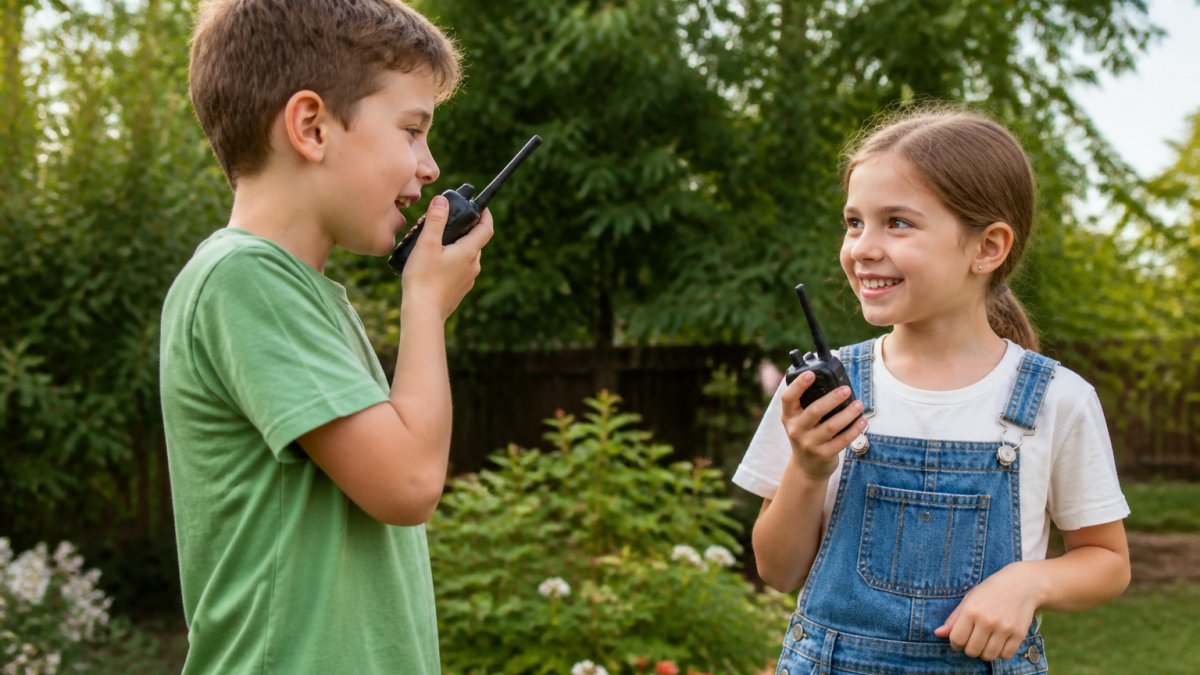 Two children playing with handheld walkie talkies in a sunny backyard garden