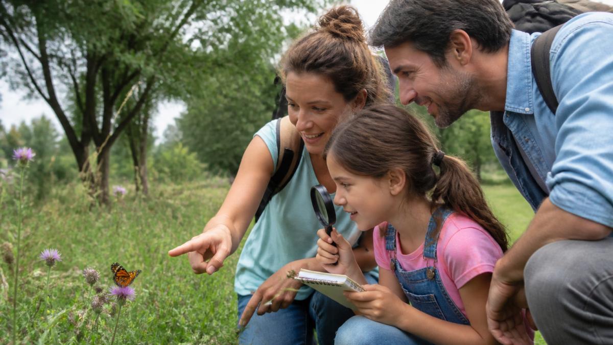 A family crouching in a grassy park, pointing at a butterfly on a wildflower while a child holds a magnifying glass and a small notebook