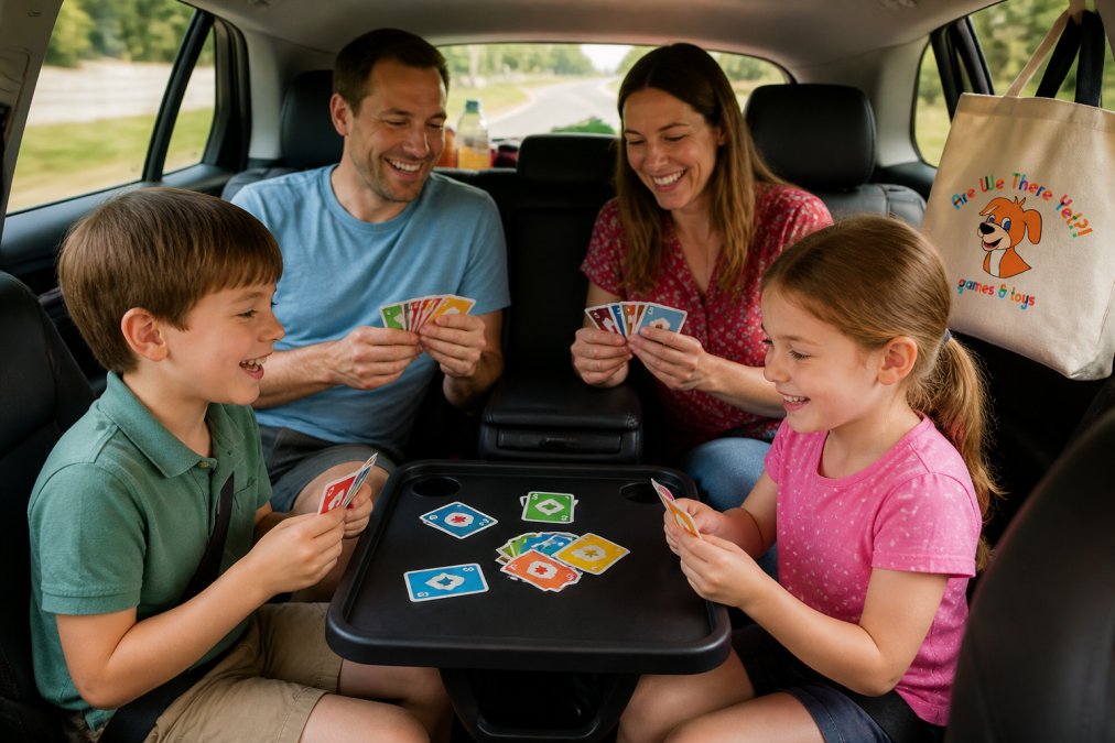 A family sitting in a car with two kids playing a colorful card game on a travel tray, smiling and laughing together, natural daylight streaming through the windows