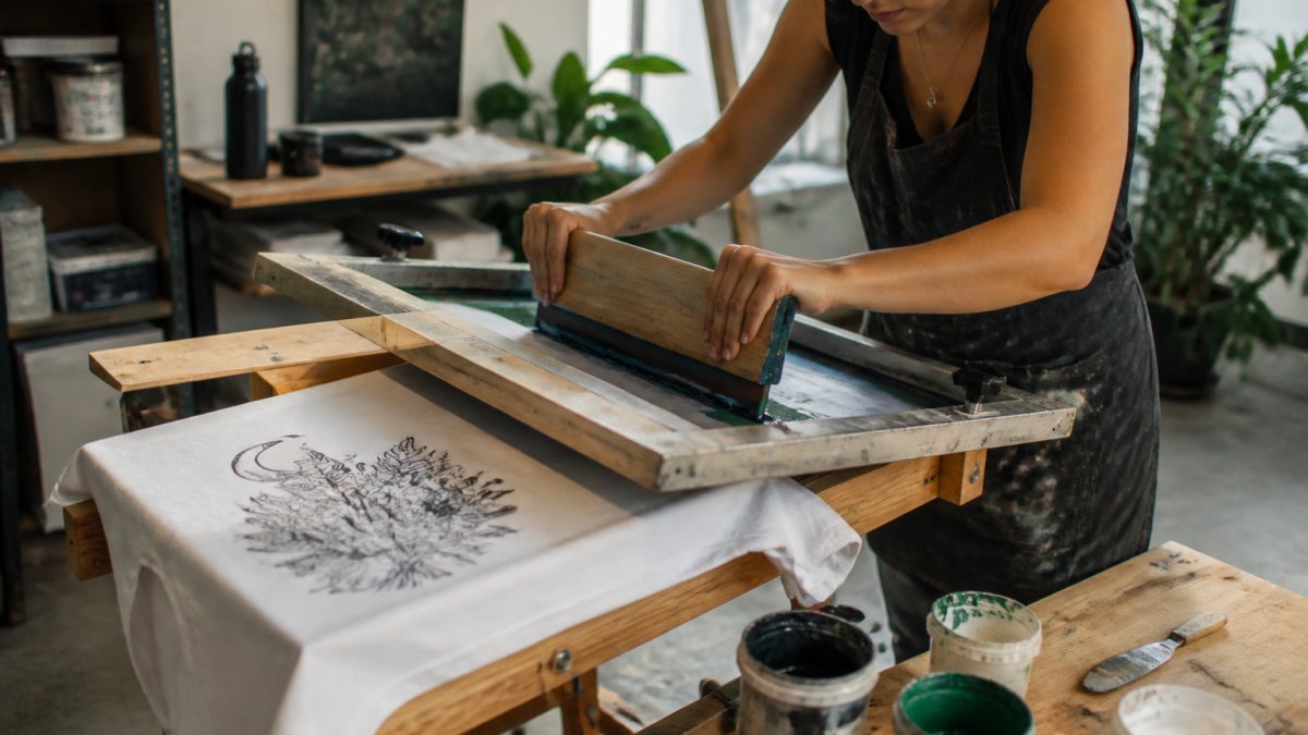 A person pulling a squeegee across a mesh screen on a wooden printing press, with a freshly printed T-shirt on the platen and ink containers nearby in a bright home studio