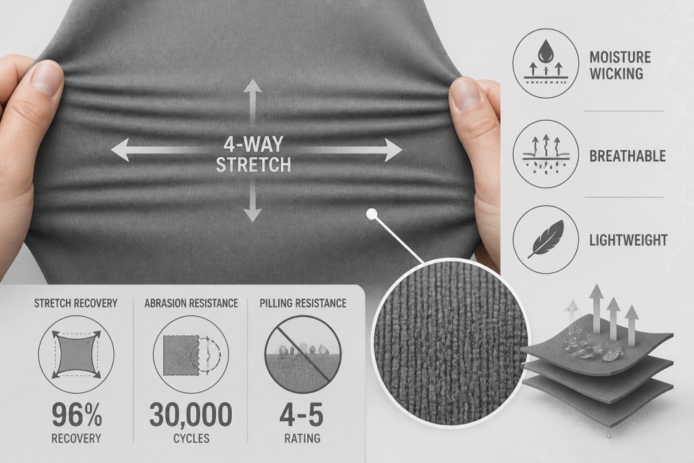 Close-up of scrub fabric being tested for stretch and durability, showing the texture of moisture-wicking polyester material with hands demonstrating the fabric's elasticity and resilience