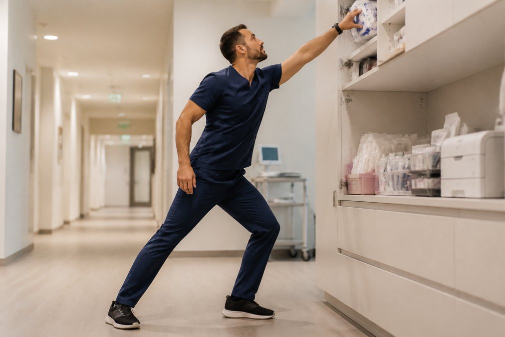 A male nurse in navy athletic fit scrubs bending and reaching for supplies on a high shelf in a bright hospital hallway, fabric stretching smoothly across the shoulders and knees