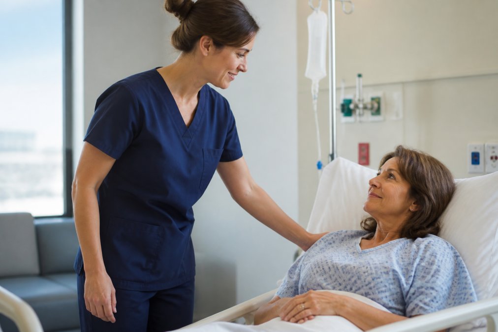 Healthcare professional wearing comfortable cotton scrubs during patient care, fabric draping naturally with wearer appearing at ease in well-lit clinical setting