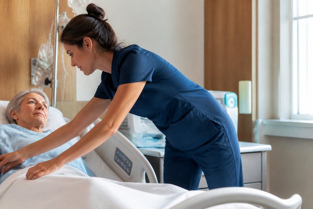 Nurse in modern-fit scrubs bending and reaching during patient care in bright hospital room, demonstrating mobility and comfort during active clinical work