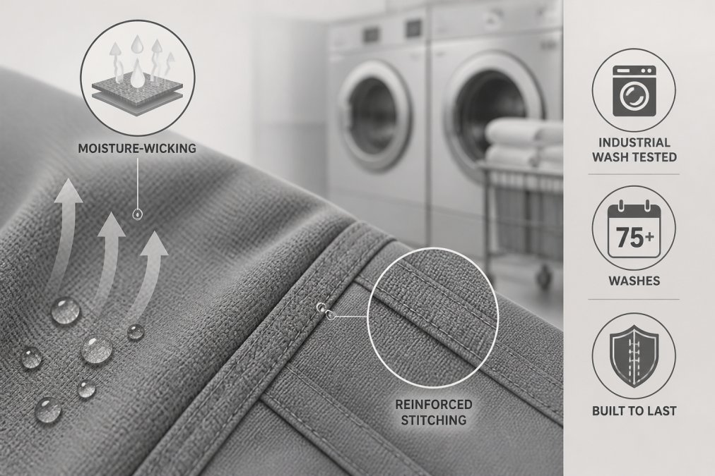 Close-up of scrub fabric texture showing moisture-wicking weave and reinforced stitching detail, with hospital laundry equipment blurred in background