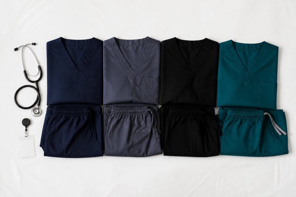 A neatly arranged flat lay of four different colored scrub sets (navy, gray, black, and teal) on a clean white surface, with a stethoscope and badge clip beside them