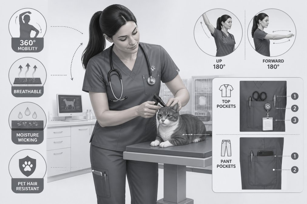 Veterinary technician wearing scrubs while examining a cat on an examination table in a busy clinic setting, hands showing range of motion and pocket accessibility