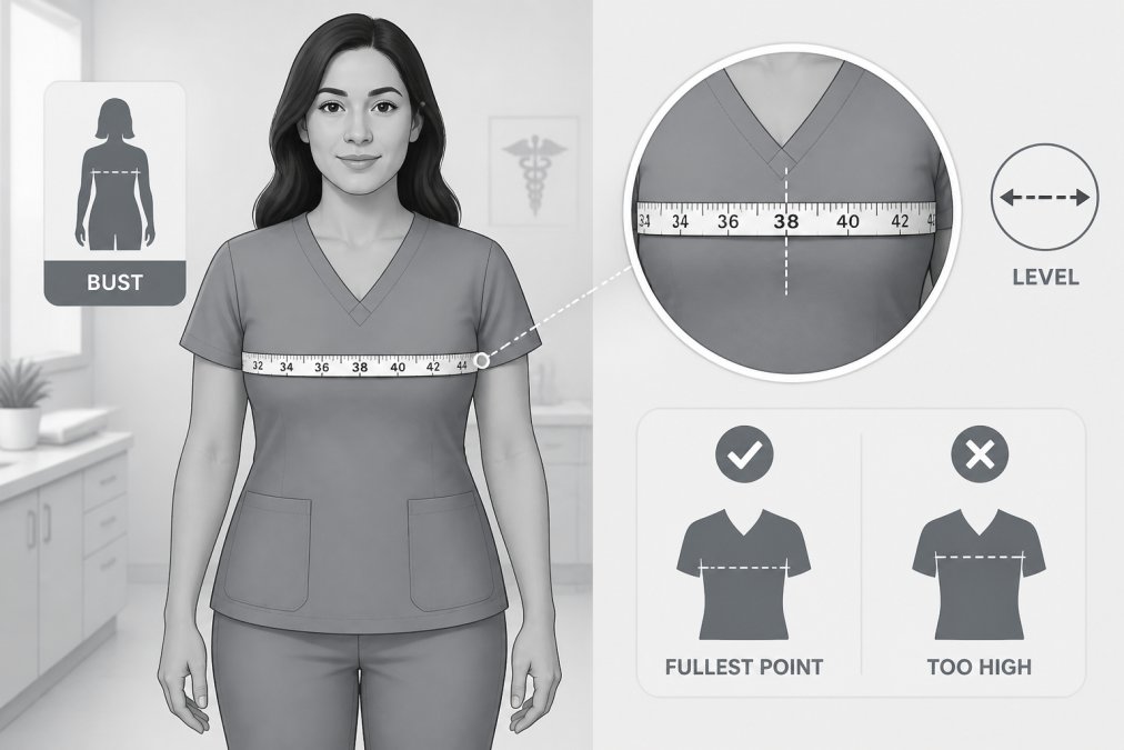 Healthcare professional demonstrating proper measurement technique while standing straight, with a soft measuring tape positioned around the bust area at the fullest point, showing correct horizontal alignment in a clinical setting with natural lighting