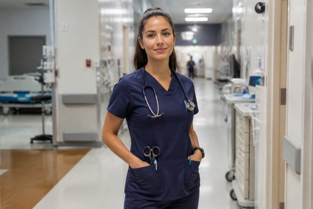 A confident nurse in modern-fit navy scrubs standing in a hospital corridor, stethoscope around neck, cargo pockets visibly filled with clinical tools, under bright overhead lighting