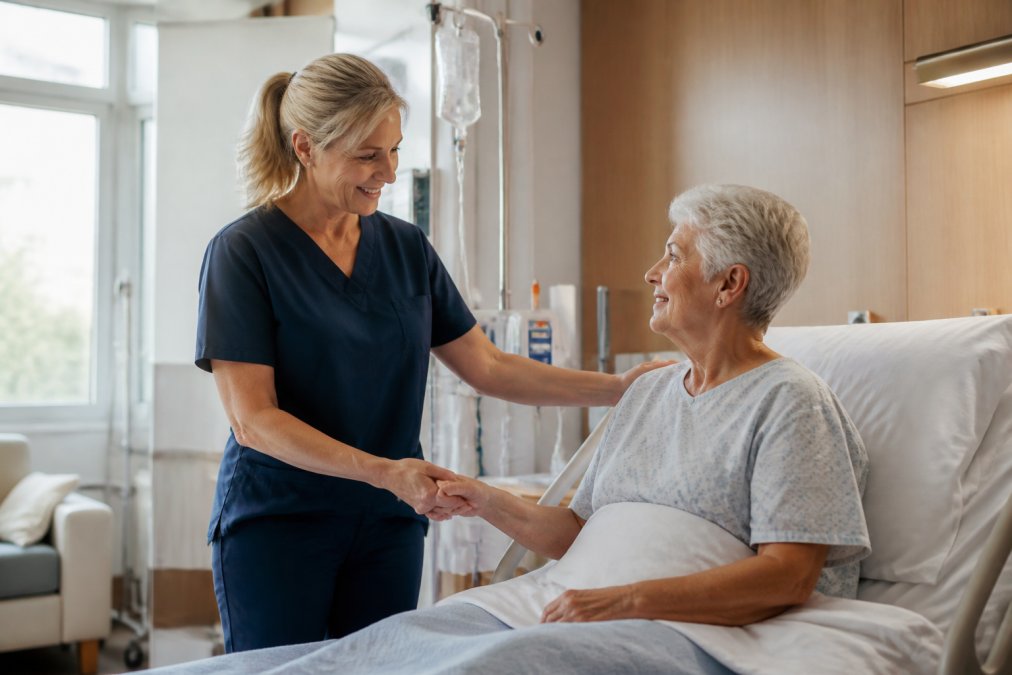 Mature female healthcare professional wearing well-fitted scrubs while actively assisting a patient in a modern hospital room, demonstrating ease of movement and professional appearance with natural clinical lighting