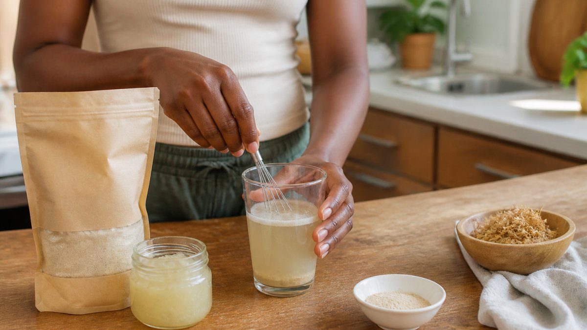 A person in a bright kitchen whisking sea moss powder into a glass of warm water on a wooden counter, with a resealable pouch and a small jar of gel nearby